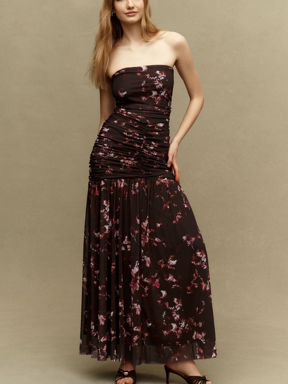 NWT BHLDN Kaia Brown Floral Strapless Mesh Maxi Dress w/ Removable Cape Size L